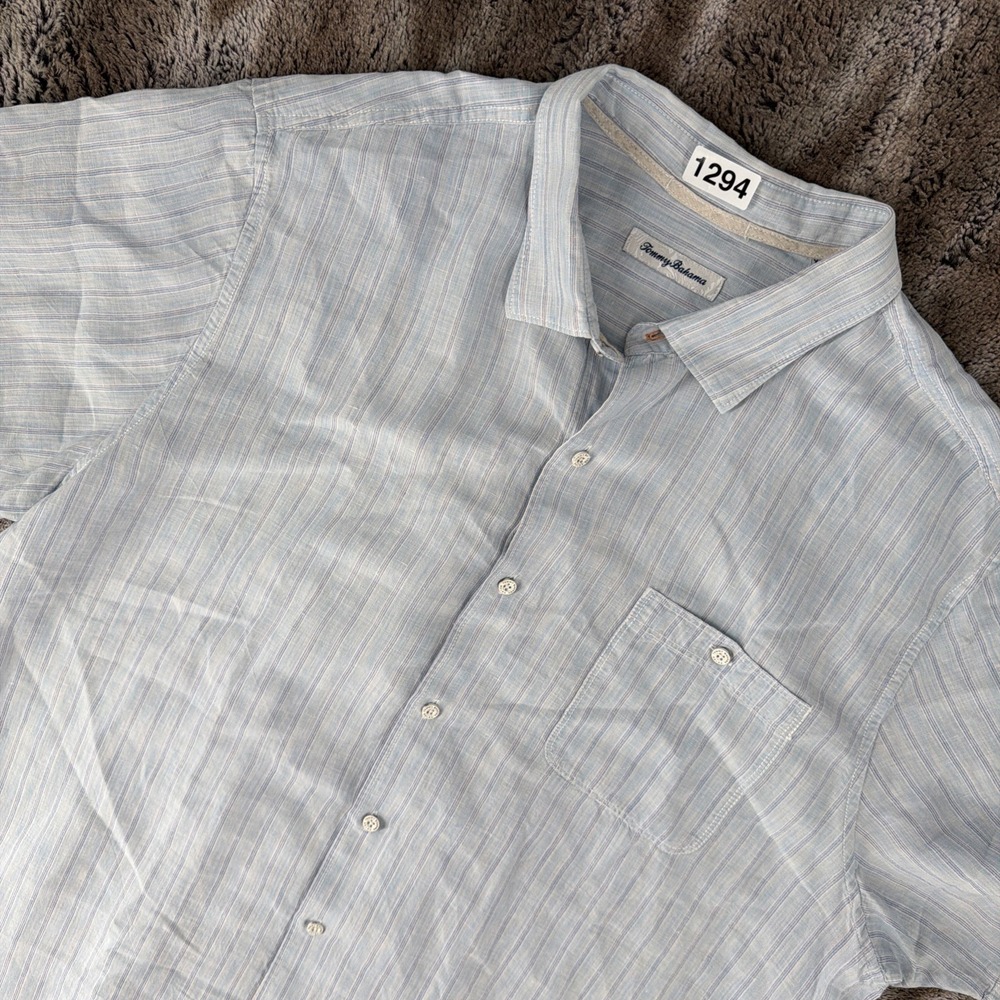 Tommy Bahama Relax Mens Button Down Shirt XXL Linen Blue Striped Short Sleeve